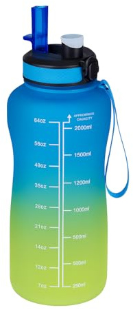 Motivational Water Bottle with Time Markers, 2L, Gradient Colours, Leak-Proof Flip-Top Lid (Blue)