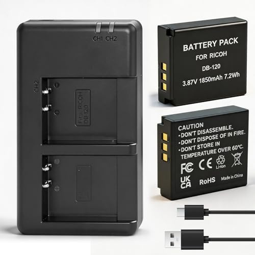 2er-Pack DB-120-Akku + Ladegerät, kompatibel mit der Ricoh GR IV, wiederaufladbarer Akku für Ricoh GR IV-Zubehör