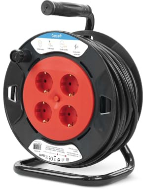 Garza - Avvolgicavo domestico interno 15 m, 4 prese Schuko con messa a terra, protezione dei bambini, contro sovratensione e surriscaldamento, alloggiamento rosso e nero, garanzia 3 anni