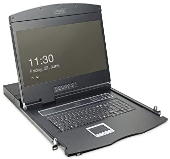 DIGITUS 19 KVM Konsole mit 19 TFT Display (16:9), DE-Tastatur-Layout, KVM Switch mit 16 Cat5 Ports, Schwarz