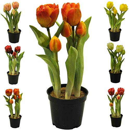 Künstliche & Realistische Tulpe im Topf – Höhe: 26cm - Große Auswahl - Hochwertig & Gefühlsecht - Kunstpflanze (Orange, Offene Blüten)