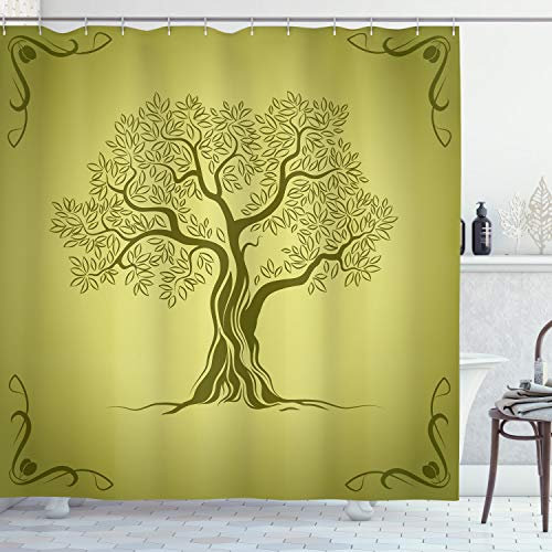 ABAKUHAUS Olive Verte Rideau de Douche, Motif Olive Tree, Tissu Ensemble de Décor de Salle de Bain avec Crochets, 175 cm x 200 cm, Olive Verte