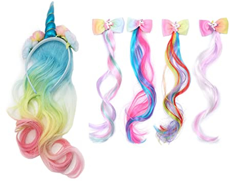 Sipiris 5PCS Perruque Licorne Serre-Tête avec Perruque Serre-tête Licorne pour Fille Enfant Multicolore avec Perruque Licorne Corne Bandeaux pour Déguisements Festivals Cosplay Party