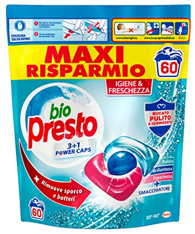 Bio Presto Power Caps Igiene, Detersivo Lavatrice Predosato In Capsule con funzione Igiene & Freschezza, Confezione Da 60 Lavaggi - 720 g