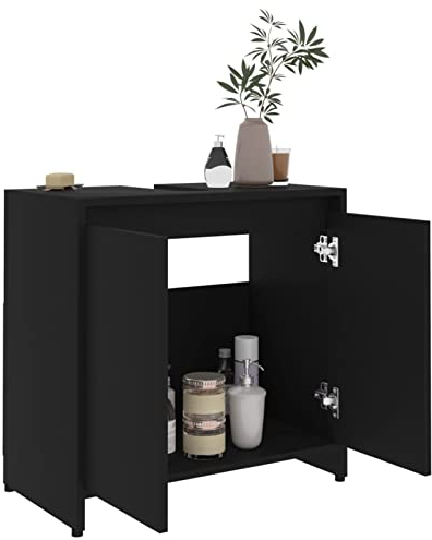 Gecheer Badezimmerschrank Badschrank Badezimmer Waschbeckenunterschrank, Aufbewahrungsschrank Schrank Waschtisch Unterschrank Badmöbel,mit 1 Fach und 2 Türen, Schwarz 60x33x61 cm Spanplatte