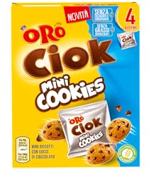 Oro Ciok Mini Cookies, Mini Biscotto Cookies Ripieno di Gocce di Cioccolato al Latte, Merenda Semplice e Golosa, Fonte Naturale di Fibre, Senza Coloranti e Conservanti, 160g (4 monoporzioni da 40g)