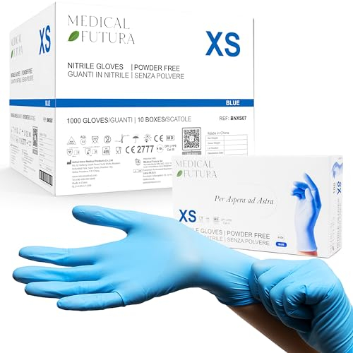 MEDICAL FUTURA - 1000 Guanti in Nitrile XS Blu Monouso Anallergici Gr. 4.0, Senza Polvere, Senza Lattice, Ottimi per Estetisti, Tatuatori, Officine, Ambiti Medici e Manipolazione Alimenti (XS, Blu)