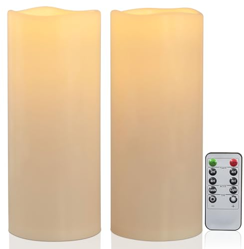 WinsTime 10cm x 20cm Outdoor Wasserdichte Flammenlose Kerzen mit Fernbedienung, Elfenbein Batteriebetriebene Große Flackernde LED-Säulenkerzen für Outdoor Laternen Dekoration 2er-Set