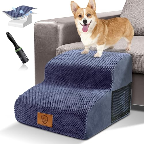 HEVOL Hundetreppe 2 Stufen, Hochdichtem Schwamm Haustiertreppe mit Waschbar Bezug, Hundetreppe für Kleine Hunde, Abnehmbare Katzentreppe für Sofa Bett, Send 1 Fusselrolle - Blau