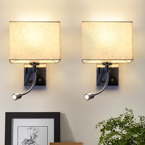 ZMH Wandleuchte Innen Wandlampe Schlafzimmer -2ER Wandstrahler LED Leselampe 360°Schwenkbar Quadratisches Stoffschirm Design Wandbeleuchtung mit Schalter E27 Modern Beleuchtung für Flur Bett