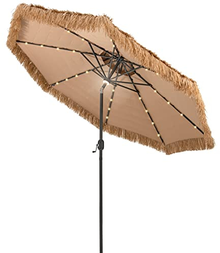 COSTWAY Sombrilla Terraza Exterior con Techo de Paja, Sombrilla Hawaiana con 8 Varillas, Botón para Inclinación, Parasol Exterior con Doble Respiradero para Playa Patio Piscina (270cm con Luz)