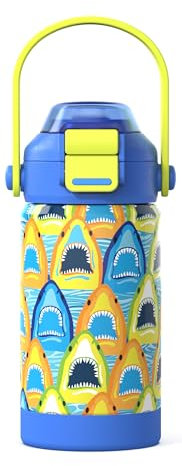Kiocko Gourde Isotherme Pour Enfant Avec Paille,Acier Inoxydable - 350 Ml,Sans Bpa - Anti-Fuite - Bouteille D'Eau Isotherme Pour L'éCole, La Maternelle(Requin)