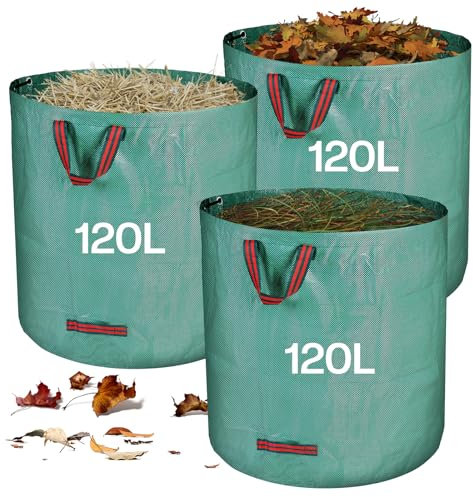 Zanfqvo Gartenabfallsack Stabil 3 x 120L - Gartensack Laubsack mit Griffen - Grünschnittsäcke Faltbar robust aus Polypropylen-Gewebe 150GSM - Rasenschnitt für Gartenabfälle Grünschnitt Laubabfall