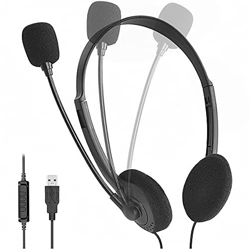 USB Headset with Microphone for PC Laptop Office Headset with Mic Adjustable Noise Cancelling Headphones with In-Line Control & Mute Computer Headsets for Call Center Work Skype Chat Online Courses