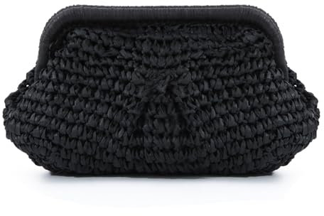 LHHMZ Women's Black Straw Dumpling Clutch Bag, One Size, Convertible/Multi-wear Style, Contemporary, Whimsical, Casual/Beachy, Whimsical, Young Women, Outdoor Enthusiasts, Fashion-Conscious, 29 cm