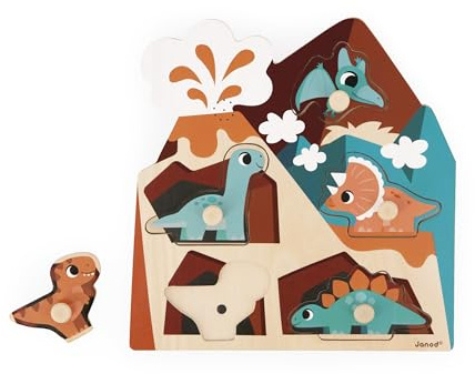 Janod - Puzzle Sonore en Bois Dino - 5 Pièces Qui Déclenchent des Sons de Dinosaures - Développe la Motricité et Audition - Dès 18 Mois