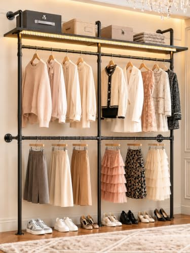 iSunirm Offener Kleiderschrank System mit LED, Kleiderständer Wandmontage Schwerlast, Industrial Pipe Kleiderstange mit Ablagen, 202 x 40 x 230 cm, Schwarz