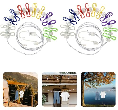 Elastische Reise-Wäscheleine, 2 Stück Tragbare Wäscheleine mit 24 Wäscheklammern, Outdoor wäscheleine, Wäscheklammern Camping für Reise Urlaub Outdoor Camping Wohnheim(Bunt)