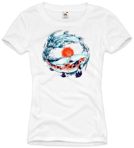 style3 Koi T-Shirt Damen Fisch züchter Japan Nippon teich Zen Buddhismus Garten Karpfen, Farbe:Weiß;Größe:M