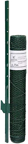 Wire Netting Fence + Metal Fence Posts | Hexagonal Chicken Wire Height 0,75m | Mesh 25x25mm | Roll 25m | Incl 20 Fence Posts Poles Height 105cm | Green PVC Coated Fencing for Animals and Plants