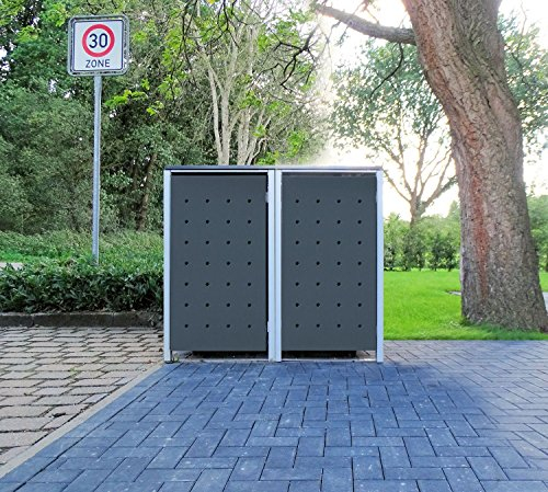 2 Mülltonnenboxen Modell No.1 Anthrazitgrau für 120 Liter Mülltonnen / witterungsbeständig durch Pulverbeschichtung / mit Klappdeckel und Fronttür