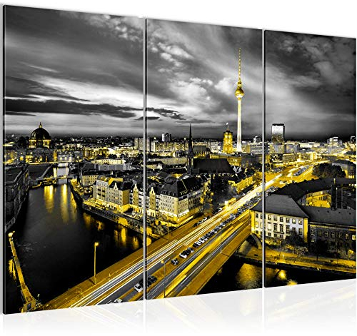 Runa Art Wandbilder Berlin Skyline Bild XXL Büro Wohnzimmer Schwarz Gelb Stadt 120 x 80 cm 3 Teilig 004331a