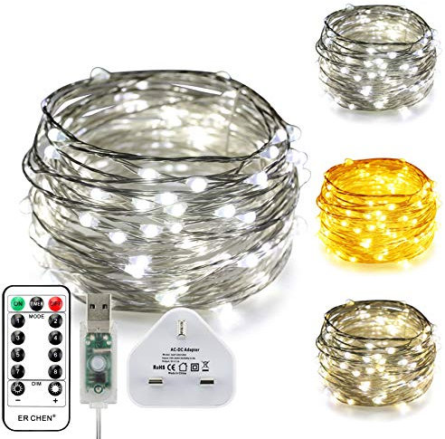 ErChen USB Dual-Color Led String Lights, 33FT 100 Leds Color Changing Dimmable 8 Modes Silver Copper Wire Fairy Lights with Remote Timer for Indoor Outdoor Christmas (Warm White, White)
