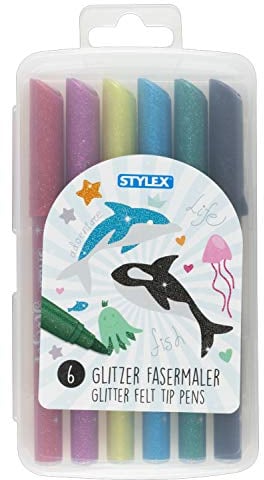 Stylex 64016 - Glitzer Fasermaler, Fasermalstifte für Kinder, 6 Farben in wiederverschließbarer Box, zum Malen, Basteln und Zeichnen