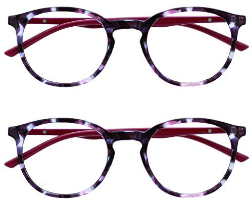 OPULIZE Met - Lesebrille Blaulichtfilter 2er Pack Schlank Runder Rahmen Federscharniere Verbessert Schlaf Computer Gaming Entspiegelt Lila Schildpatt Herren Damen BB60-5 +3.00