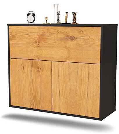 Dekati Sideboard Irving hängend (92x77x35cm) Korpus anthrazit matt - Front Holz-Design Eiche - Push to Open