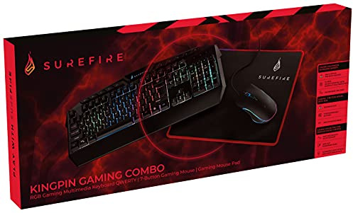Surefire Pack Combo Kingpin Gaming - Pack 3en1 - Clavier Gaming Anglais QWERTY - 25 Touches Anti-ghosting - Souris Gaming 3200 DPI - Tapis de Souris Gaming 320mmx260mmx3mm I Powered by Verbatim