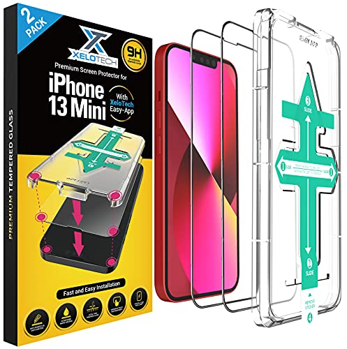 XeloTech 3D/4D Schutzglas für iPhone 13 MINI - Mit Easy App Schablone - Temperiertes Glas