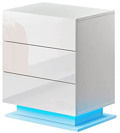 CLIPOP Nachttisch Schrank Hochglanzfront 3 Schubladen Nachttisch mit 16 RGB-LED-Leuchten Holz für Schlafzimmer Wohnzimmer oder Büro (weiß)