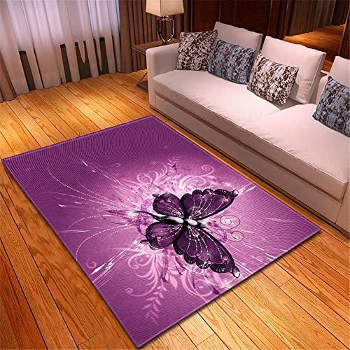 Mateju Tappeto Salotto Moderno, 3D Farfalla Flanella Tappeti Camera da Letto, rug Cucina Antiscivolo Lavabile per Tavolino da Salotto,Bagno,Tappeto Bambini Cameretta (80x120cm,Farfalla Viola)