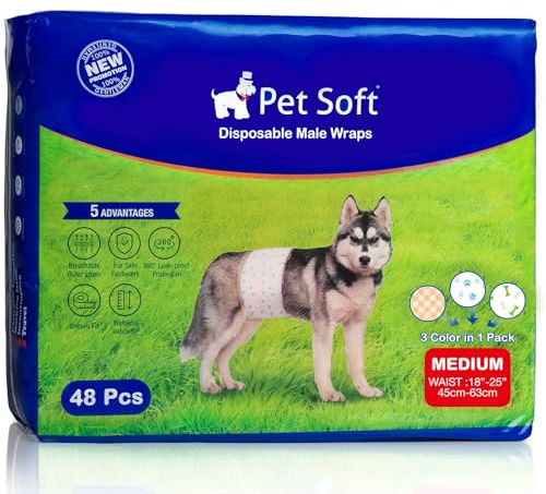 Pet Soft Dog Nappies Male - 48 Count Disposable Dog Wraps with Wetness Indicator, Super Absorbent Belly Bands for Male Dogs (M-48 Count)