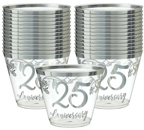 Amscan 352502 Happy 25th Anniversary Tumblers-9 oz. | Silver | 30 Pcs, Multicolor