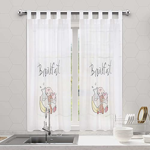 Dalina Textil - Cortina de Cocina Translúcido Lisa, Cortina Media Altura para Cocina, Comedor, Marco de Puerta 2 Piezas Tejido Gasa Finas Diseño Breakfast 100x140cm