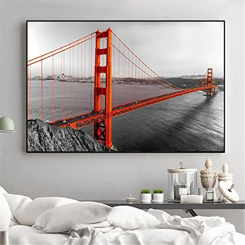KADING Landschaft Leinwand Gemälde San Francisco Golden Gate Bridge Sonnenuntergang Poster und Drucke Wandbild für Wohnzimmer Wohnkultur 85x120cm(34x47in) mit Rahmen