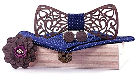 RQPYQF Ensemble de Noeud Papillon Bois, Noeud Papillon Homme Bois + Boutons de Manchette + Broche en Bois + Carré de Poche, Accessoires Homme pour Mariage Cadeau