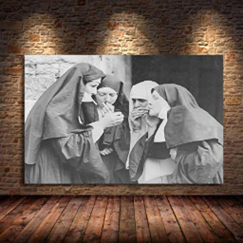 HOLEILUCK Smoking Nuns Prints Vintage Photo Black and White Cigarette Funny Wall Art Canvas Painting Picture Weird Room Home Decor 70x100cm/28x39in Mit Rahmen