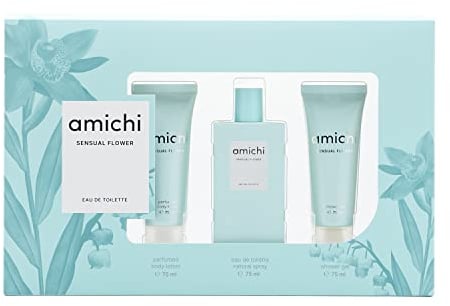 AMICHI - Sensual Flower, Estuche de Regalo Mujer, Colonia 75 ml + Gel de Baño 75 ml + Loción Corporal 75 ml, Eau de Toilette Femenina, Aroma Frutal, Fragancia Fresca y de Larga Duración