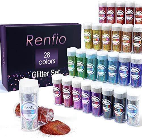 Renfio 28 Colors Holographic Glitter Set, 14.81oz 420g Ultra Fine Glitter Powder PET 1/128 0.008 0.2mm Resin Suppies Assorted Craft Glitter for Fake Nails, Resin Art, Tumblers, Slime, Hair, Bomb