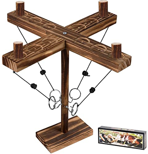 Ring Toss Games Hook and Ring Game for Adults (Brown 30CM, 2 to 4 Players), Handheld Hook Ring Toss Board Games with Shot Ladder, Outdoor Indoor Handmade Wooden Fast-paced Interactive Games Home Party