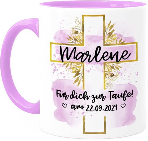 Tassenliebling® Taufe Tasse personalisiert mit Datum und Namen für Mädchen und Jungen - Rosa - Beidseitiger Druck - Christliche Geschenke zur Taufe