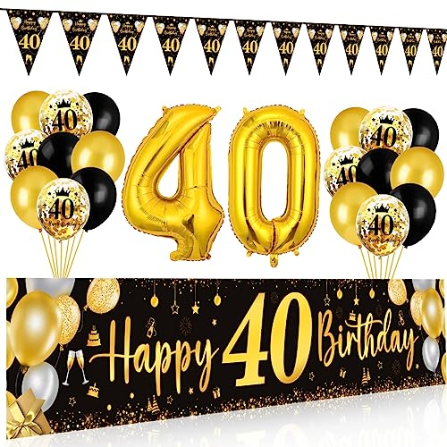 40. Geburtstag Deko für Mann und Frau - Happy Birthday Banner, Luftballons, Wimpel Girlande, Hintergrund Ballons in Schwarz Gold - Party Dekoration