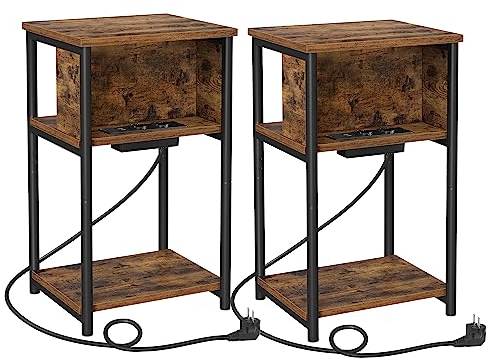 VASAGLE Beistelltisch 2er Set, Nachttisch mit Steckdose, schmal, 2 AC-Anschlüsse, 2 USB-Anschlüsse, 30 x 34 x 58 cm, für Wohnzimmer, Schlafzimmer, vintagebraun-schwarz LCT646B01