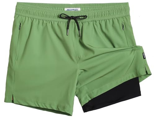 MaaMgic Herren Badehose mit Kompression Badeshorts 2 in 1 | 5.5 Schnelltrocknend lässige Swim Shorts Kurz Boardshorts mit Innenhose Reißverschlusstasche,Grasgrün Schwarz Cr 5.5,L
