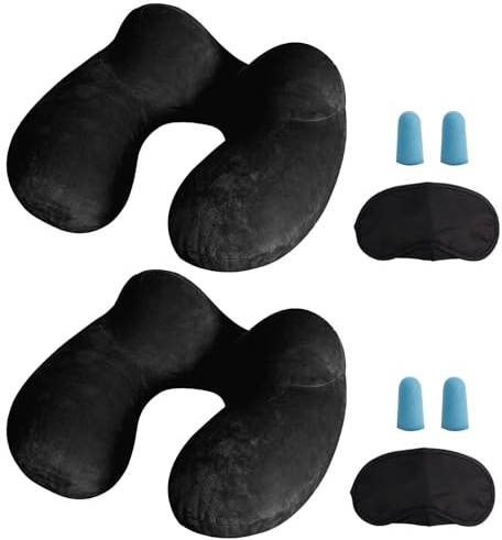 MOCOCITO 2-Set Reisekissen Aufblasbares/Nackenkissen Ergonomisch Aufblasbare Hergestellt waschbarem Kissenbezug Nackenhörnchen ideal für Reisen mit dem Auto, Flugzeug, Zug, Büro(Schwarz)