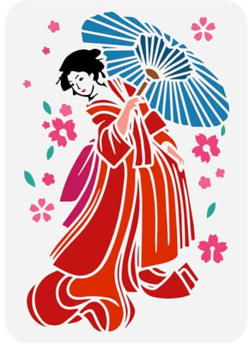 FINGERINSPIRE Geisha Regenschirm Schablone Zum Malen 21x29.7 cm Kunststoff PET Kirschblüten Malschablone Ausgehöhlter Regenschirm Frau Zeichenvorlage Menschliches Thema Schablone Für Wanddekoration
