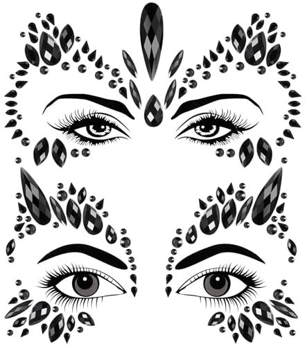 BBTO Halloween Gesicht Edelsteine Körper Juwelen 2 Stück Gesicht Glitzersteine Aufkleber auf Augen Stirn Kristall Strass Tattoos für Maskerade Cosplay Makeup Party, Schwarz (Geheimnisvoll Stil)